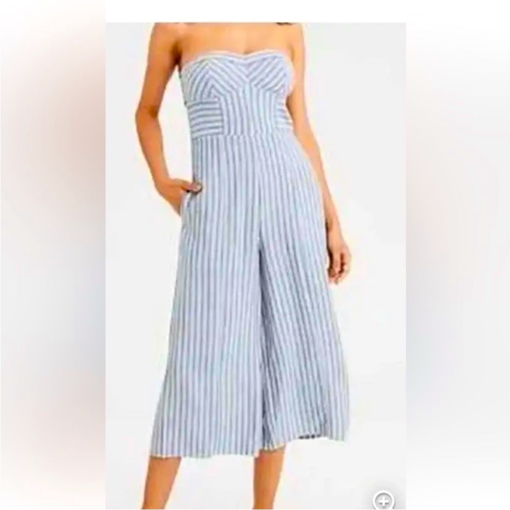 Striped Strapless Wide-Leg Jumpsuit in Blue and White